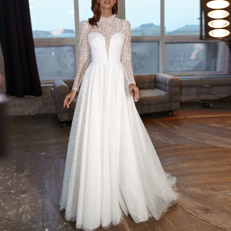 Vestido de noiva, vestido da moda com aplique de renda de tecido tule vestido de festa de casamento de manga comprida pescoço a linha vintage elegante branco
