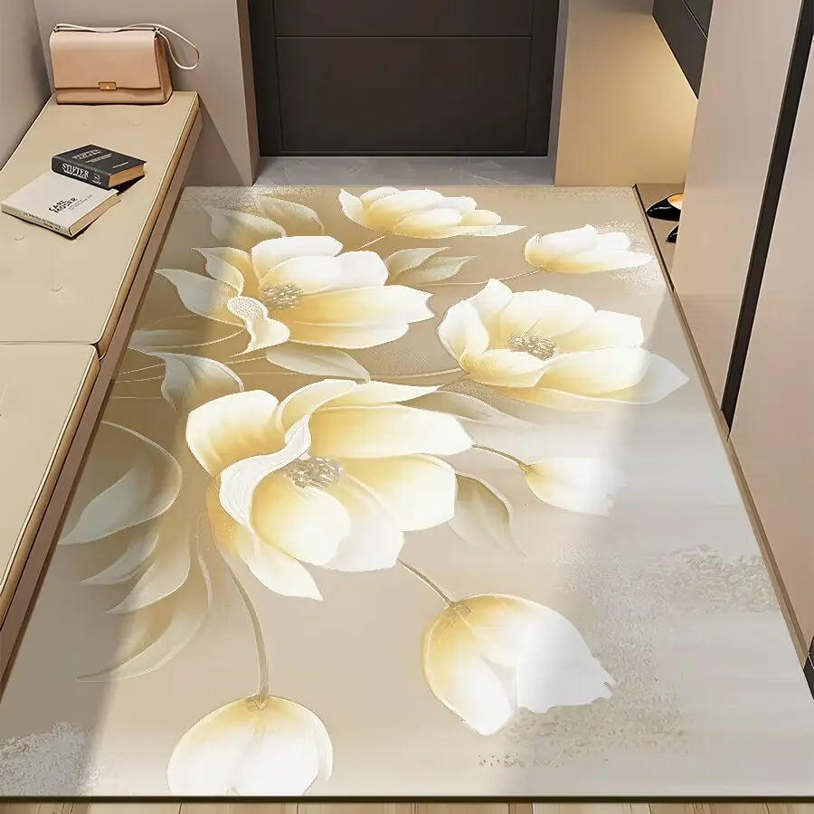 कस्टम 3 डी मुद्रित फर्श चटाई गैर-पर्ची रग्स, नाजुक सुपर अच्छा क्रीम फूल डिजाइन दरवाजे मैट