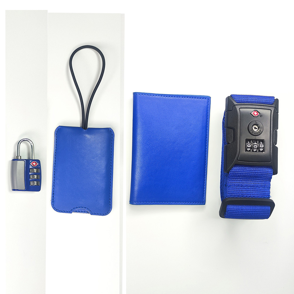 Passeport bleu + cadenas TSA + sangles de bagages + étiquettes de valise