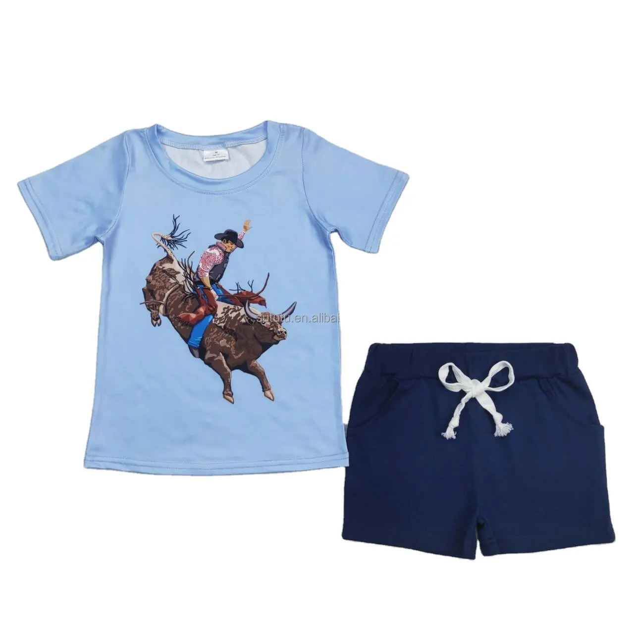 Roupas de cowboy de manga curta azul de alta qualidade, conjuntos de roupas para bebês e crianças, conjuntos de roupas para meninas