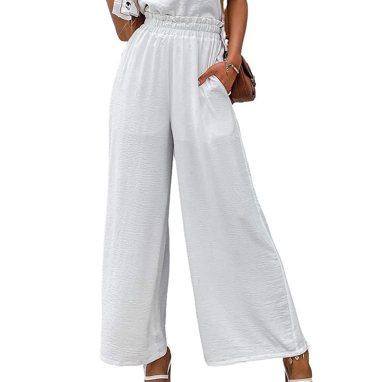 Pantalones holgados cómodos de pierna ancha de nuevo diseño personalizado para mujer, pantalones de cintura alta informales de lino y algodón de color sólido