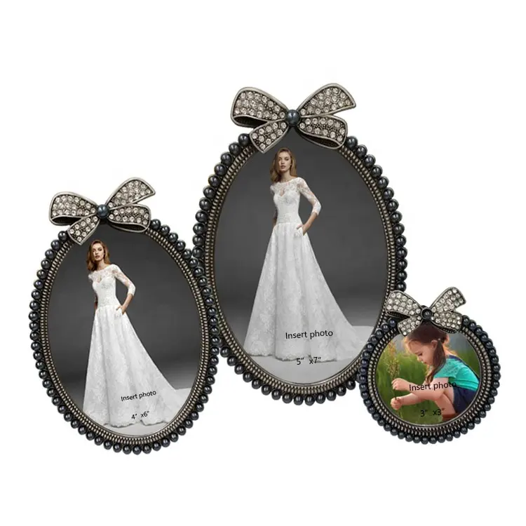 Su misura in lega di zinco metallo fiocco cornice cristalli cornice per bambini e grigio perle foto di nozze cornice artigianato regalo
