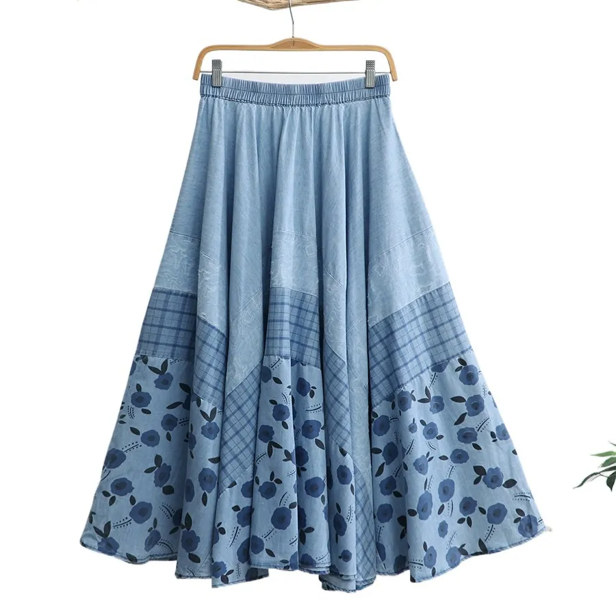 Big Hem 2023 nuevo largo Maxi A-line mujeres cintura elástica primavera y otoño falda azul vaquero estampado señora azul claro mujeres faldas