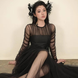 2025定制精品高品质女式鱼尾连衣裙新款设计数码印花批发长网袖修身领