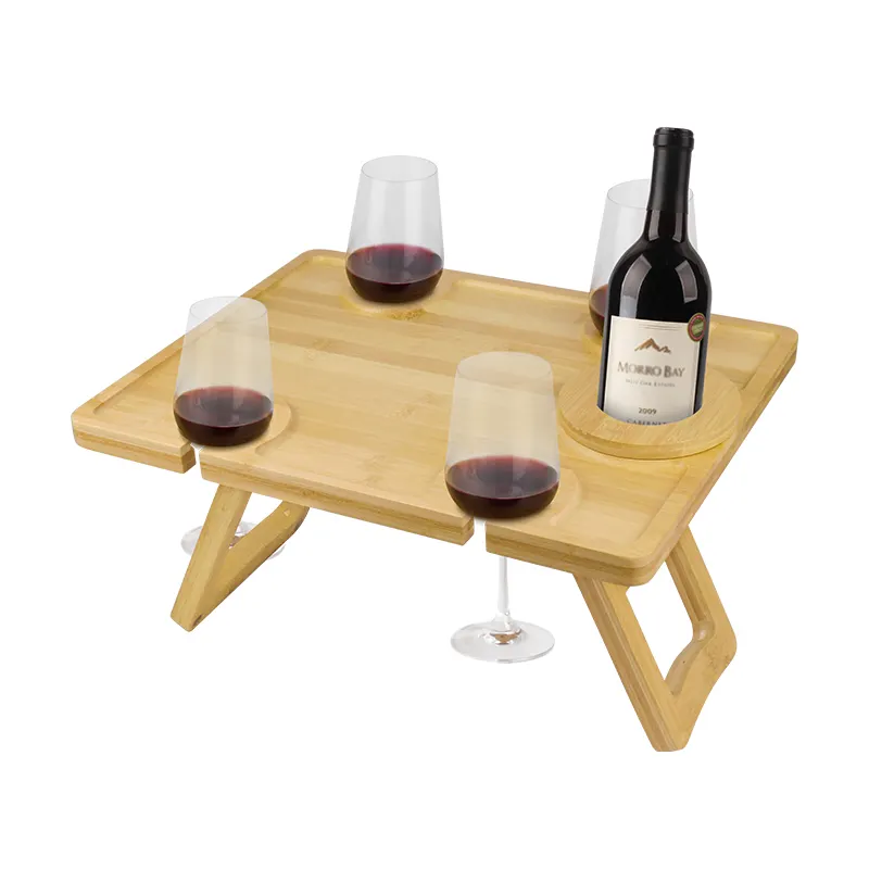 Mesa de pícnic para vino al aire libre, bandeja grande y plegable portátil de bambú para aperitivos y queso, con soporte para 4 copas de vino y vaso de vino ajustable