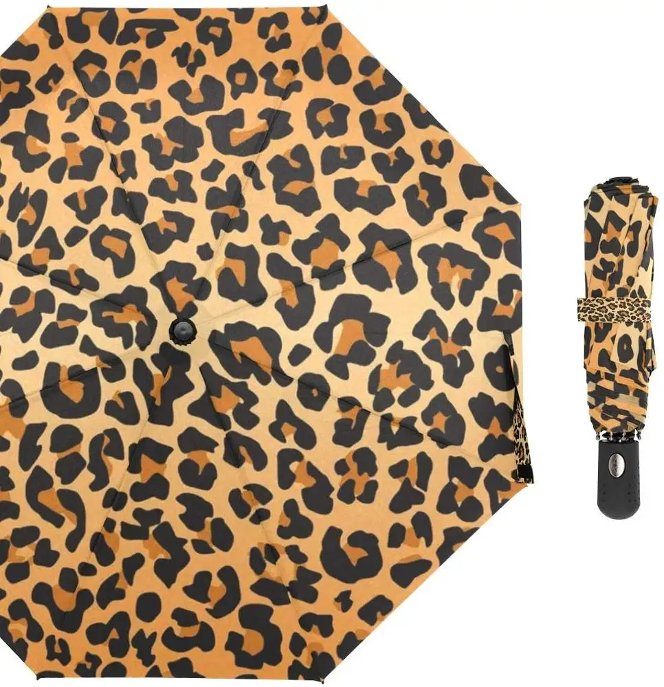 21 inç 8 kaburga özelleştirilmiş bayan moda leopar logosu baskı 3 katlanır otomatik aç yakın şemsiye