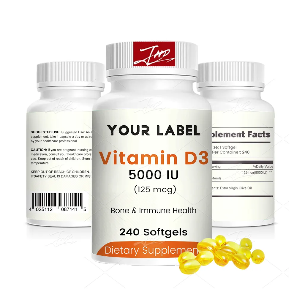 OEM ฉลากส่วนตัว Cholecalciferol D3 อาหารเสริม 5000IU วิตามิน D3 ซอฟเจลแคปซูล