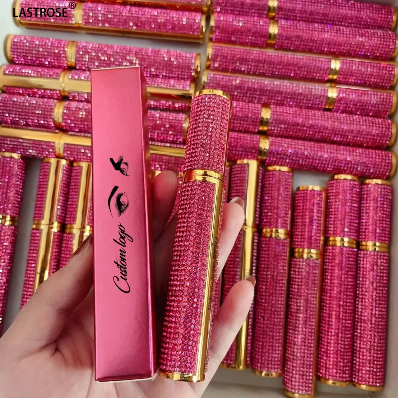 Private logo Oil Free 4D Silk Fiber Volume EyeLash Lengthening Makeup Natural Organic Vegan Waterproof Mascara with pink diamond