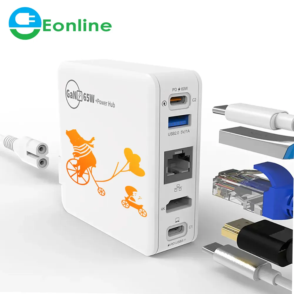 Портативная док-станция EONLINE 3D 5 в 1 GaN 65 Вт с быстрой зарядкой, док-станция Ethernet/PD3.0/USB2.0/HD-совместимая 4K для телевизора, ноутбука