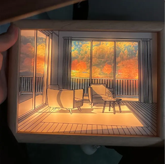 Nuevo diseño LED luz solar noche luz Mesa Lámpara decorativa con caja de sombra pared arte pintura enmarcada Metal Base lienzo soporte