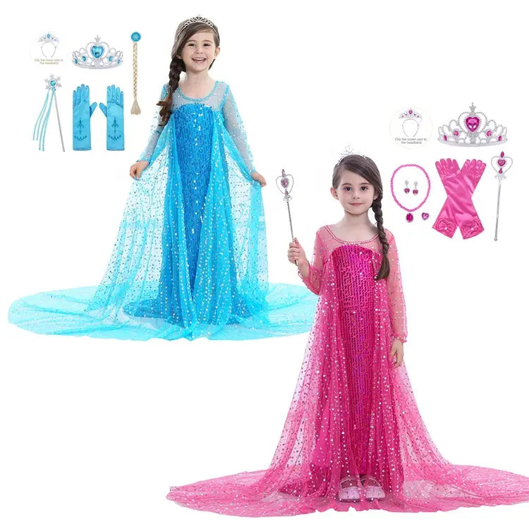 Hot Sale Elsa Dress Crianças Meninas Traje Snow Queen 2 Elsa Azul Rosa Lantejoulas Vestido de Manga Longa Trajes TV & Movie para meninas