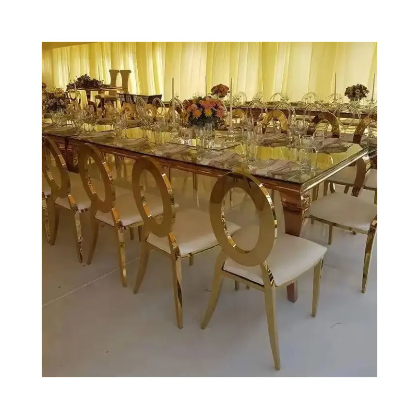Tavolo e sedie per eventi nuziali in acciaio inossidabile dorato con specchio rettangolare di lusso di nuovo design per feste usate