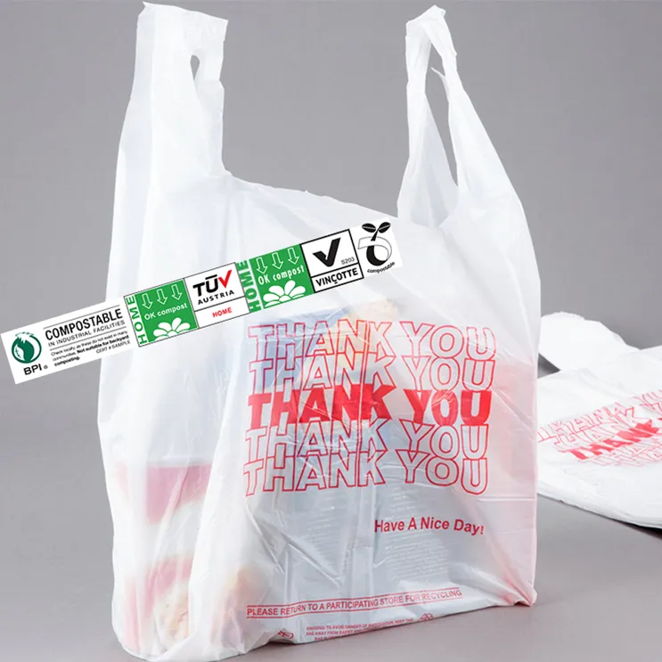 カスタムプリントエコヒートシールコーンスターチ堆肥化可能な食料品キャリー包装Tシャツショッピング生分解性ビニール袋ロゴ付き