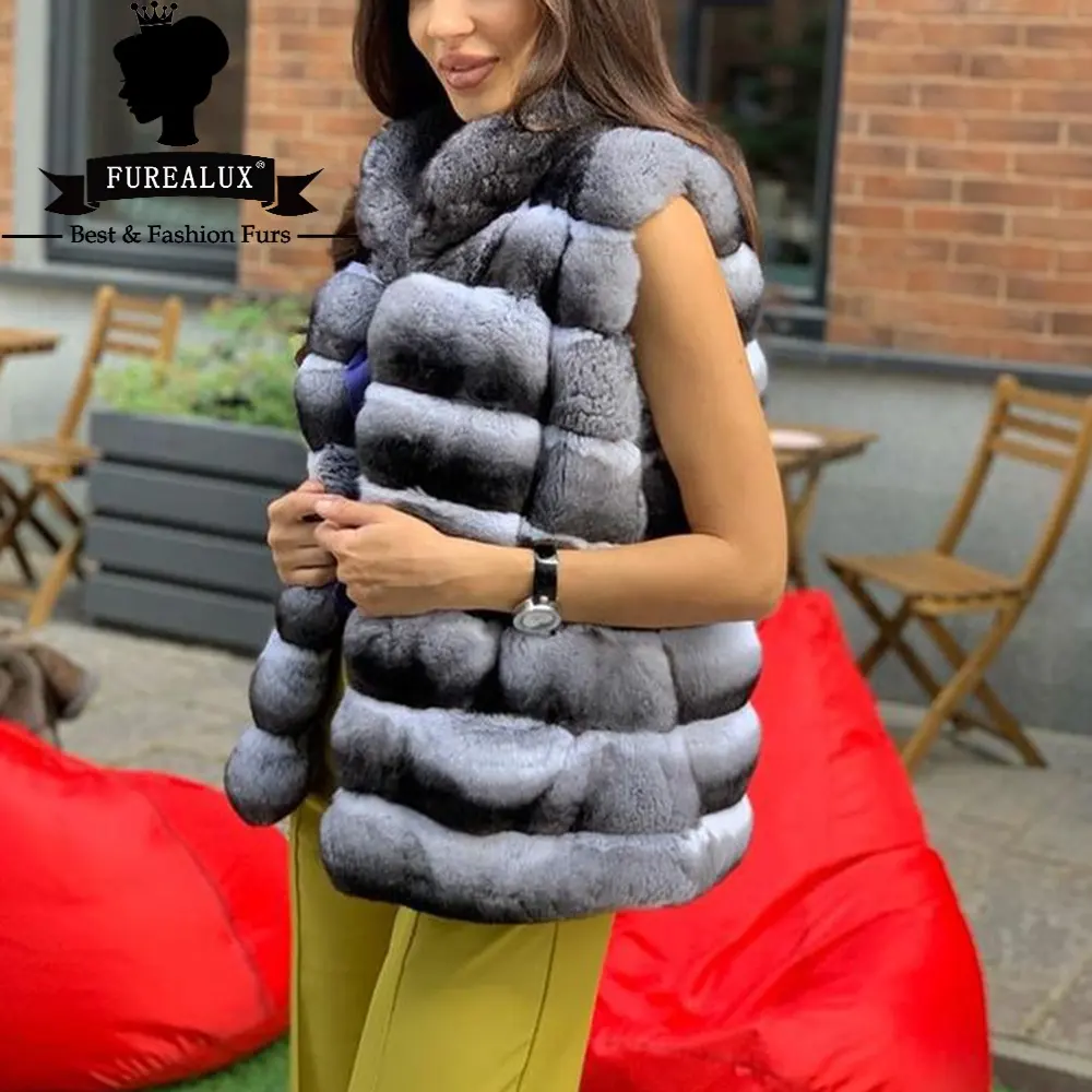 2024 New Casual Real Rex Rabbit Fur Vest Coat Warm Chinchilla Color Women Coat Vests Winter Fashion Furs Women's Coats Jacket
