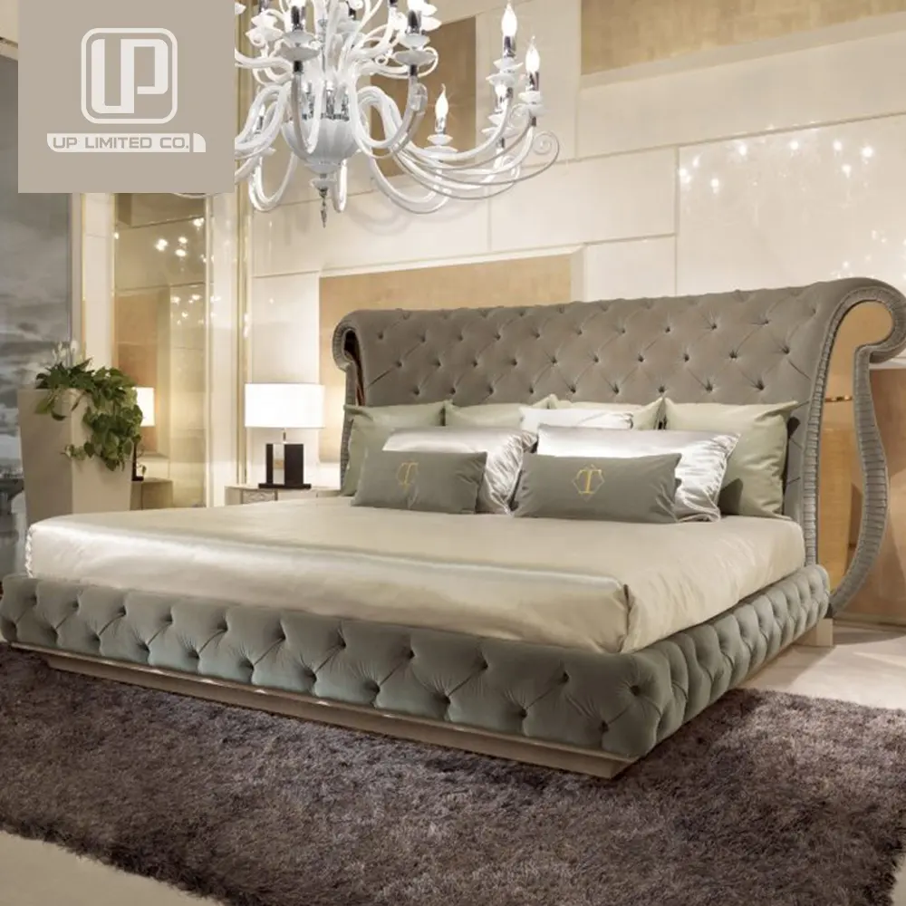 Custom Italian Top Layer Leather Bed Luxury Large Tufted Headboard Super King Size Bedroom Furniture Set