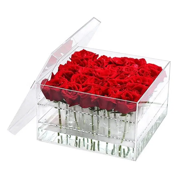 Personalizado eterno 25 rosas preservada subiu flor artificial de acrílico transparente caixa de acrílico com tampa