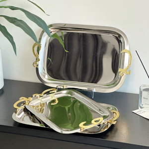 2025 Bán hàng nóng ánh sáng sang trọng bạc nghệ thuật khay kim loại thép không gỉ thực phẩm phục vụ khay thiết lập với xử lý Vàng - Product Image 1