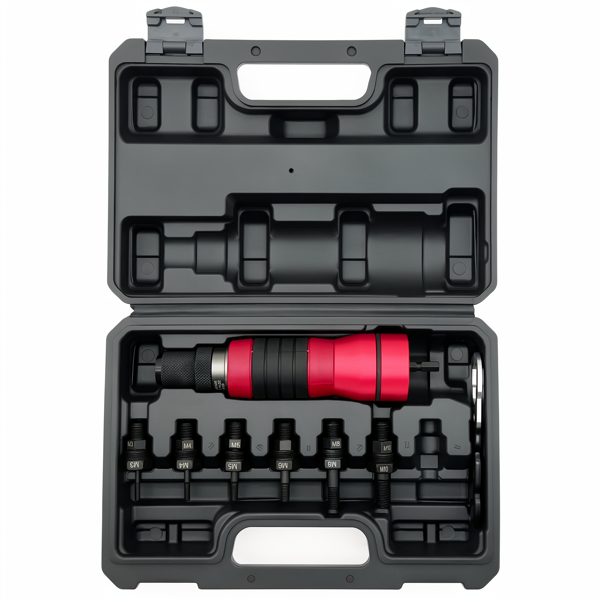 Adaptador para atornillador de tuercas eléctrico con juego rojo recubierto de goma.