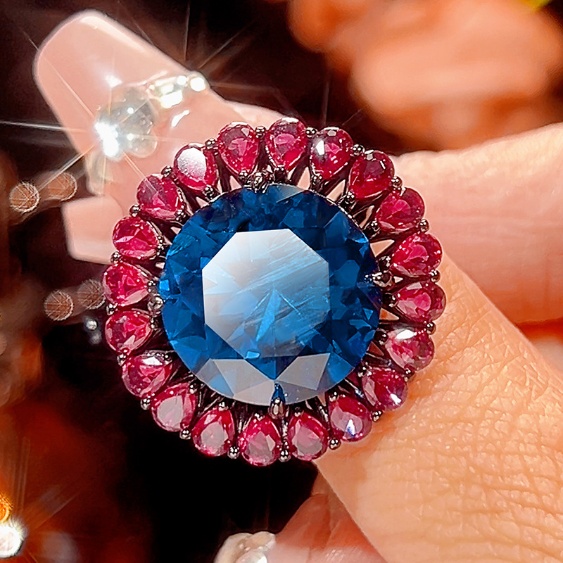open size Black gold Blue pointed crystal ring