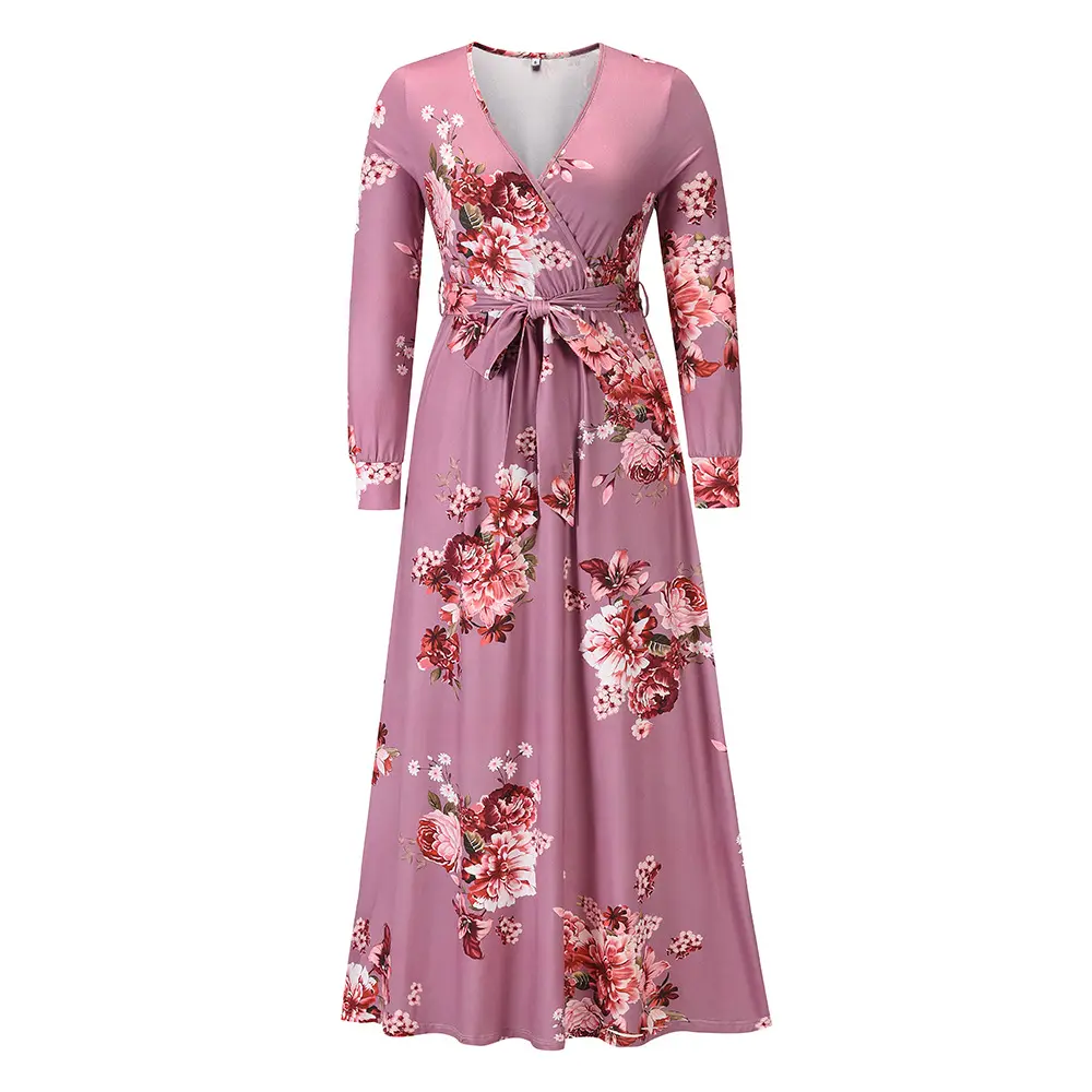 Gaun Rajut Ukuran Plus untuk Musim Gugur/Dingin, Gaun Rajut Motif Bunga Lengan Panjang Leher V, Rok Panjang Mode Baru