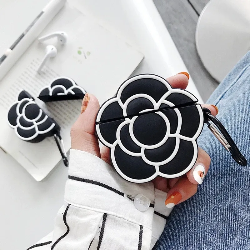 Capa de fone de ouvido sem fio 3d flor, capa com chave para airpod 1 2 pro mulheres moda de silicone