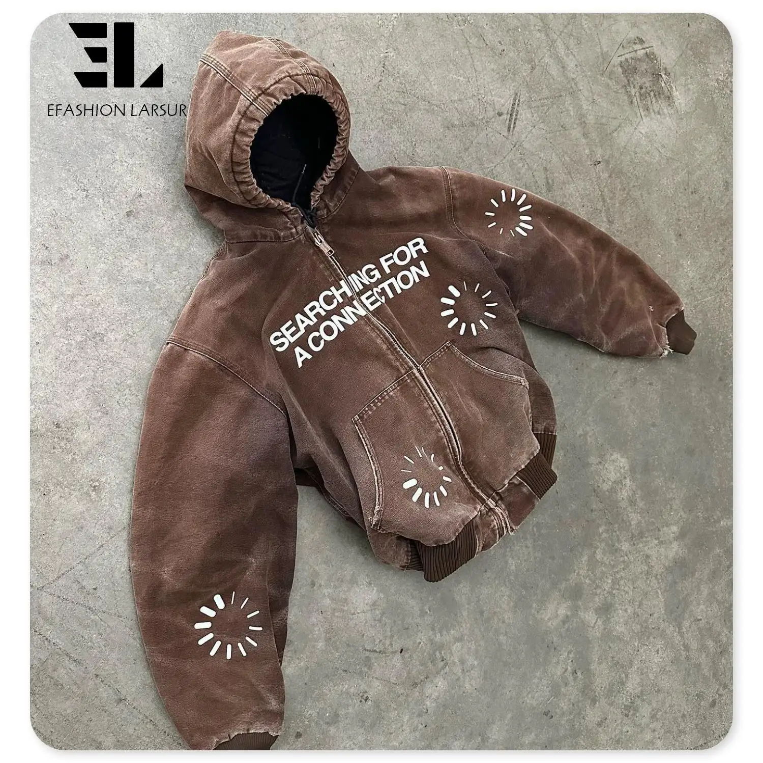 LARSUR Custom heavyweight brown duck canvas giacca da lavoro con cerniera con cappuccio logo stampato distressed crop top bomber jacket men