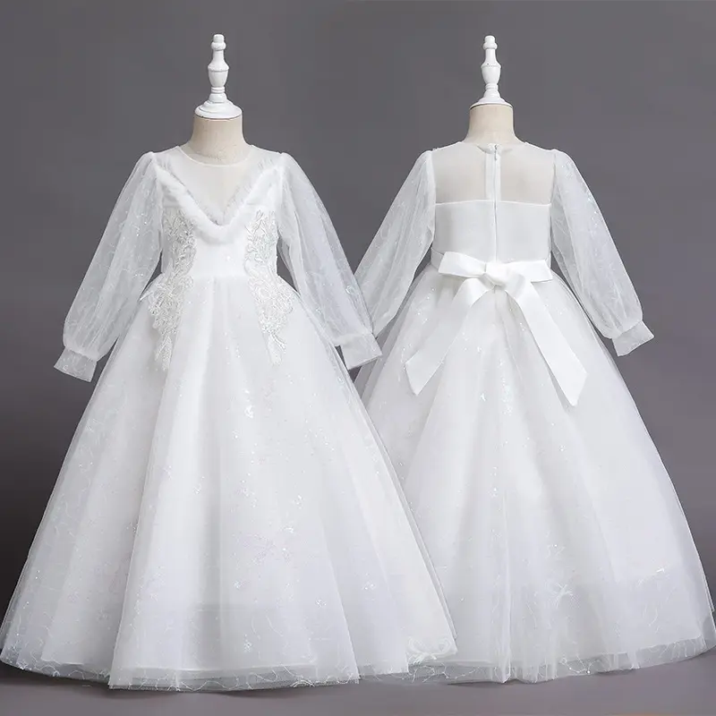 Vestidos blancos de flores para niña, vestido largo Formal de encaje con la espalda descubierta de primera comunión para fiesta de boda, para 4 a 12 años, Adolescentes