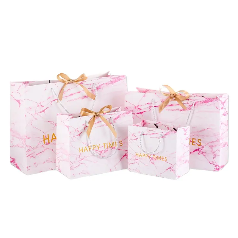 Logotipo personalizado rosa mármore sac en papier luxe artesanato luxo jóias presente shopper sacos de papel com gravata borboleta para negócios de varejo