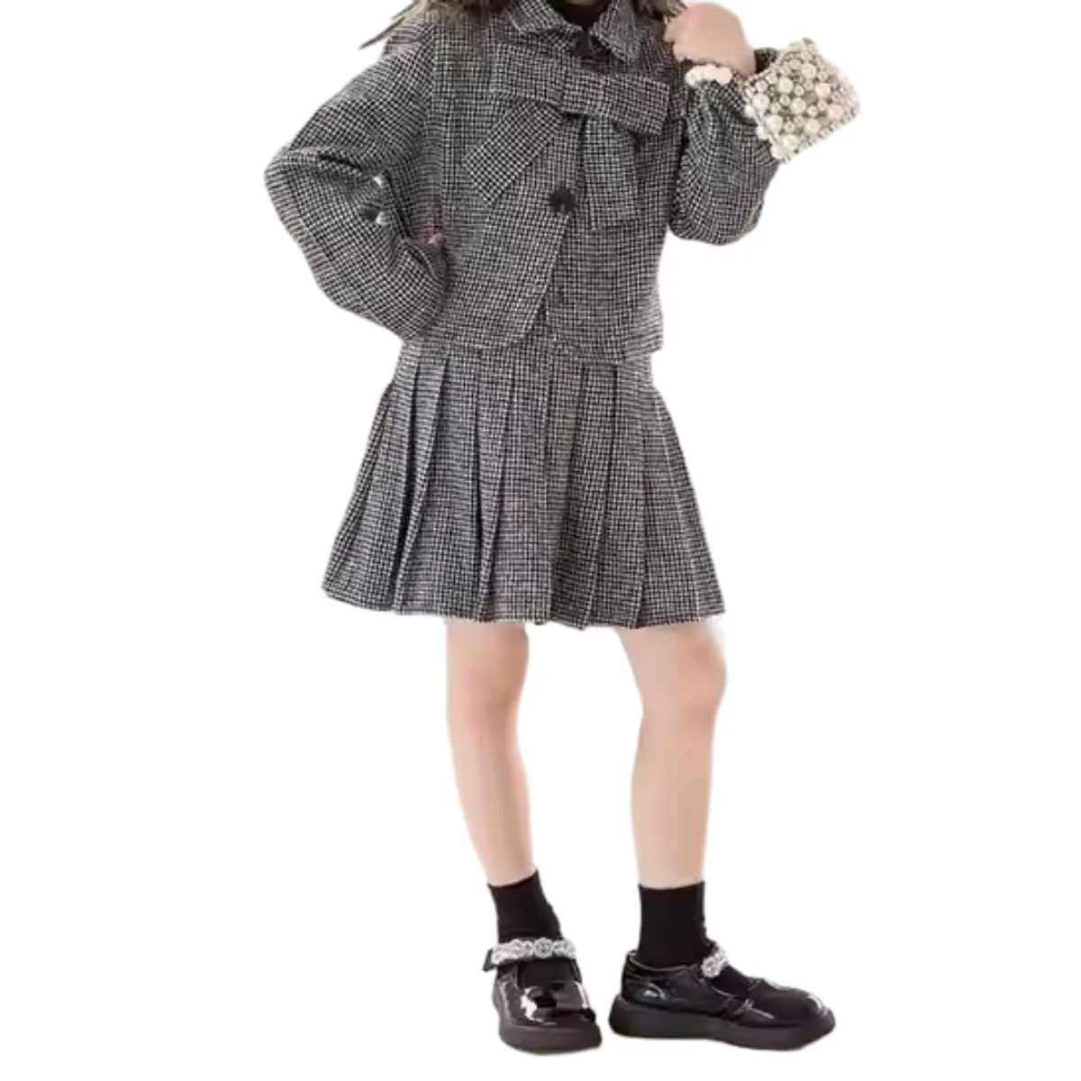 2024 Winter Neues Design elegante Mädchenbekleidungssets Plattiert Bogenanzüge Plüschtecken Kinderbekleidungssets