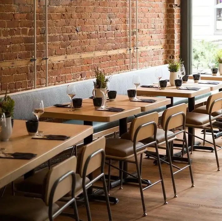 Mobiliário comercial moderno quadro de aço rápido alimento barato carvalho sólido madeira restaurante jantar mesa de cozinha