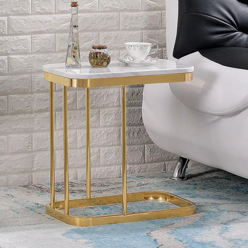 Muebles de color dorado mesas auxiliares de acero inoxidable mesa de centro con parte superior de mármol sala de estar sofá mesa auxiliar