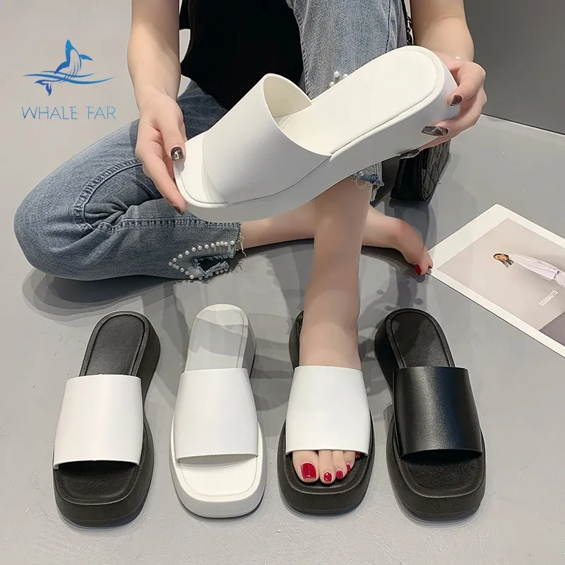 Grosir Sepatu Selop Kasual Bagal Wanita Berkelas Kualitas Tinggi Sepatu Sandal Wanita Hak Miring Sol Tebal Hitam