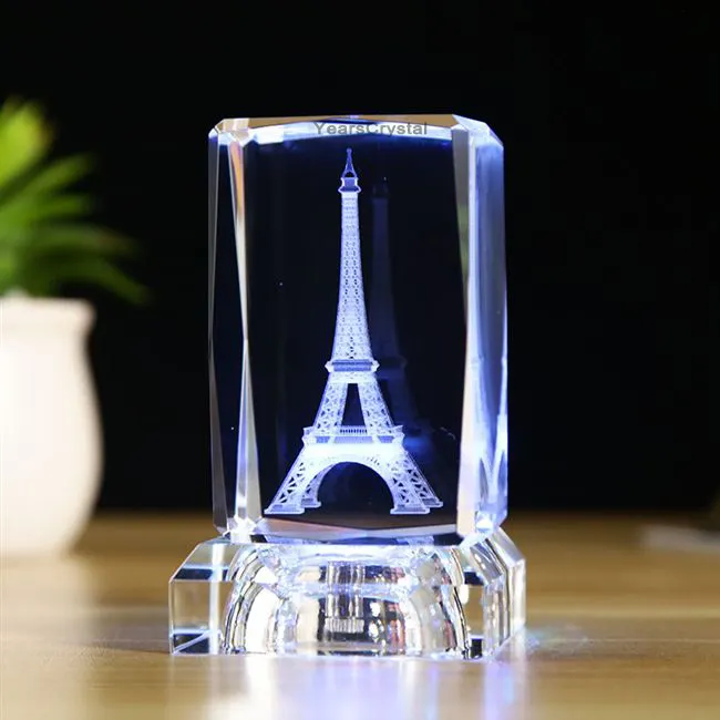 Paris Torre Eiffel 3D grabado láser cubo de cristal para regalo de recuerdo de vacaciones