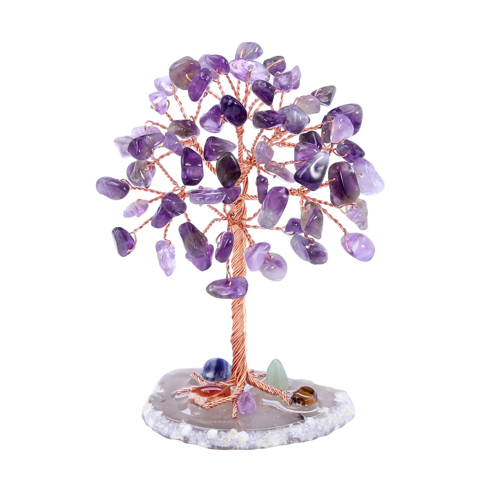 Árbol de cristal de cuarzo amatista Natural de 9-10cm en Base de rebanada de ágata piedras curativas gema dinero árbol para decoraciones de mesa de oficina en casa
