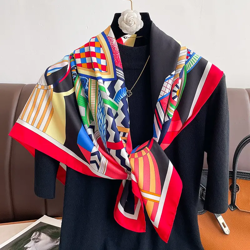 Bufanda cuadrada de seda de sarga de verano para mujer, bufanda para la cabeza de 90x90cm, Hijabs, pañuelo urdimbre, Foulard femenino, bufanda con estampado de letras de diseñador personalizado