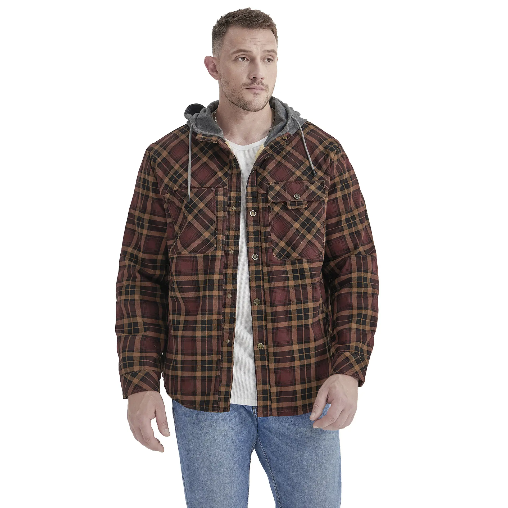 Abrigo camisa a cuadros más terciopelo de gran tamaño invierno a prueba de viento cálido algodón camisas para hombre chaqueta con capucha de manga larga
