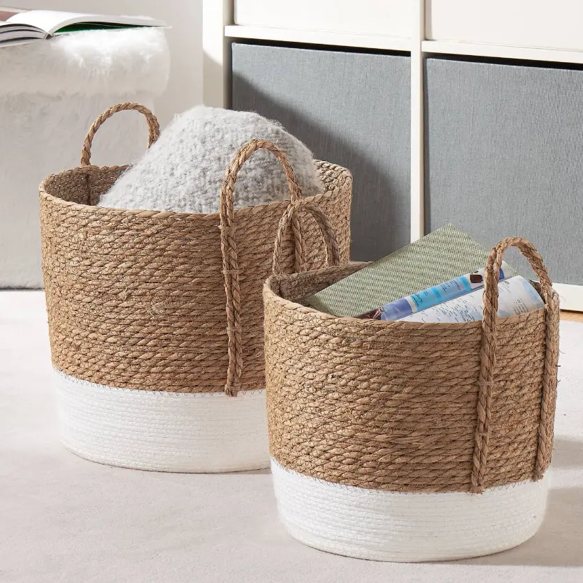 Cesta De Armazenamento De Tecido Artesanal Folding Clthoes Cesta De Lavanderia Vime De Palha Rattan Seagrass Belly Garden Flower Pot Plant Basket