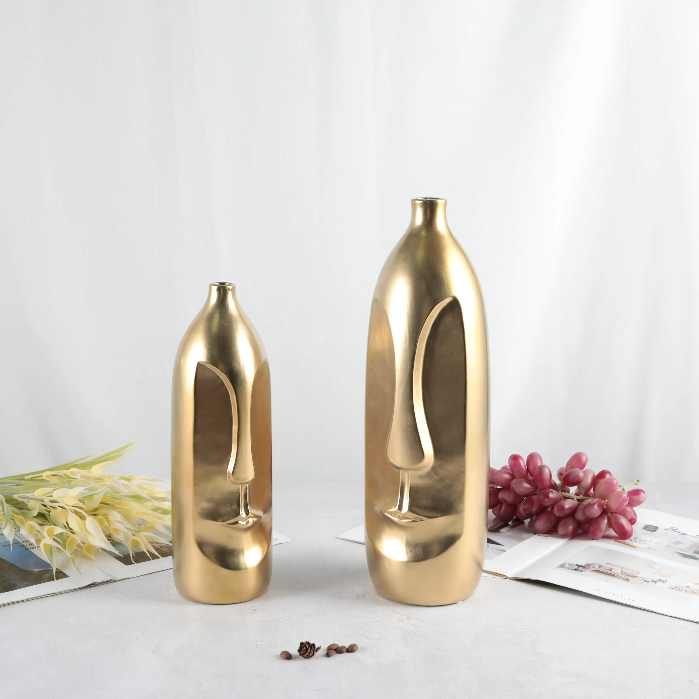 2サイズモダンデコレーション人間の顔の花瓶セラミック高級ヴィンテージフラワーバッド花瓶ゴールド花瓶