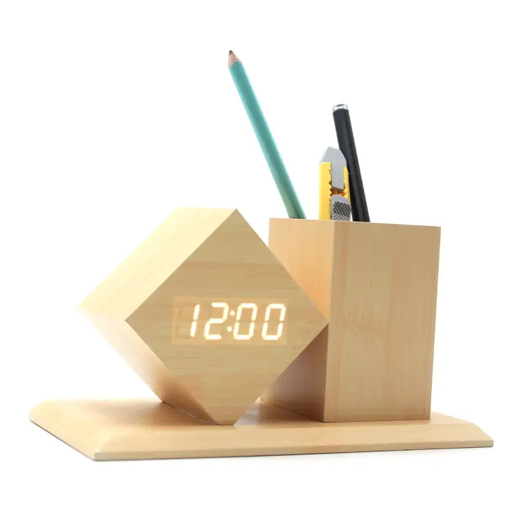 사무실 데스크탑 다기능 테이블 디지털 LED 알람 대나무 시계 책상 온도 디스플레이가있는 나무 펜 홀더