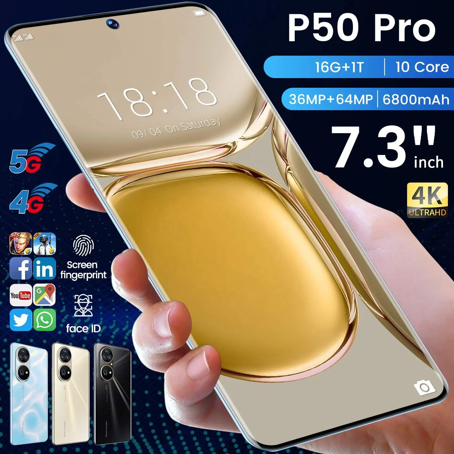 هاتف محمول P50 Pro إصدار عالمي Deca Core 16GB + 1 هاتف خلوي بطاقة مزدوجة HD شاشة هاتف خلوي هاتف ذكي