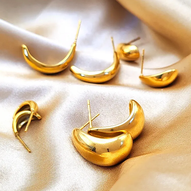 Elegant Stainless Steel 14K Gold Plated Women Girl Chunky Hoop Earrings