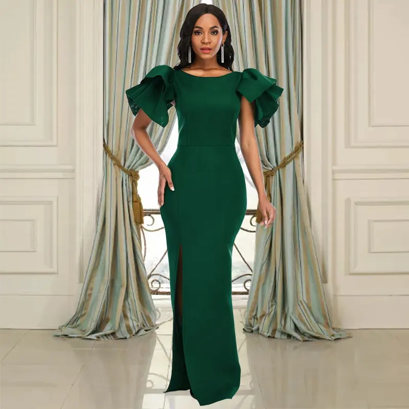 OUDINA-vestido verde con volantes de talla grande para mujer, elegante, de cintura alta, para fiesta de noche, Formal, otoño 2022
