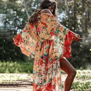 Baskı çiçek Beachwear Cover Up yeni şifon Bikini elbise tunikler kadınlar için plaj uzun Kaftan kapak Ups Robe de Plage <span class=keywords><strong>Sarong</strong></span>