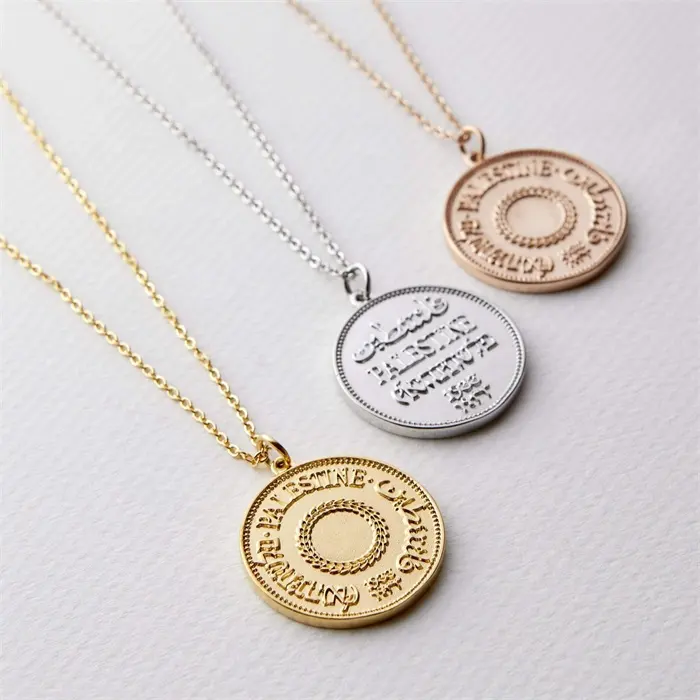 Custom word Palestine Coin pendant Necklace Women fashion islamic muslim jewelry tarnish free Premium Stainless Steel jewelry