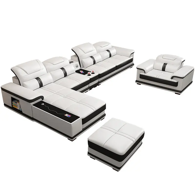 Ventas calientes profesional en forma de L moderno Seccional de cuero blanco y negro funcional sala de estar sofás con altavoz para el hogar