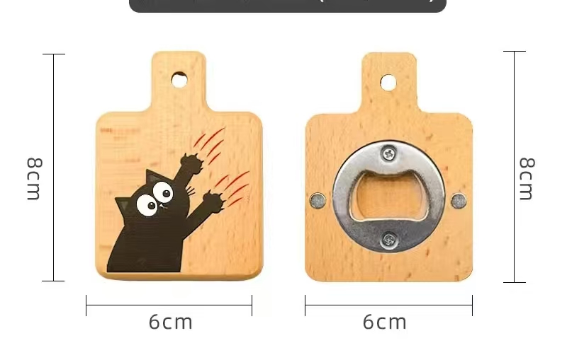 Abridor de botellas de madera de haya con diseño de gato amarillo y negro (cuadrado con asa).