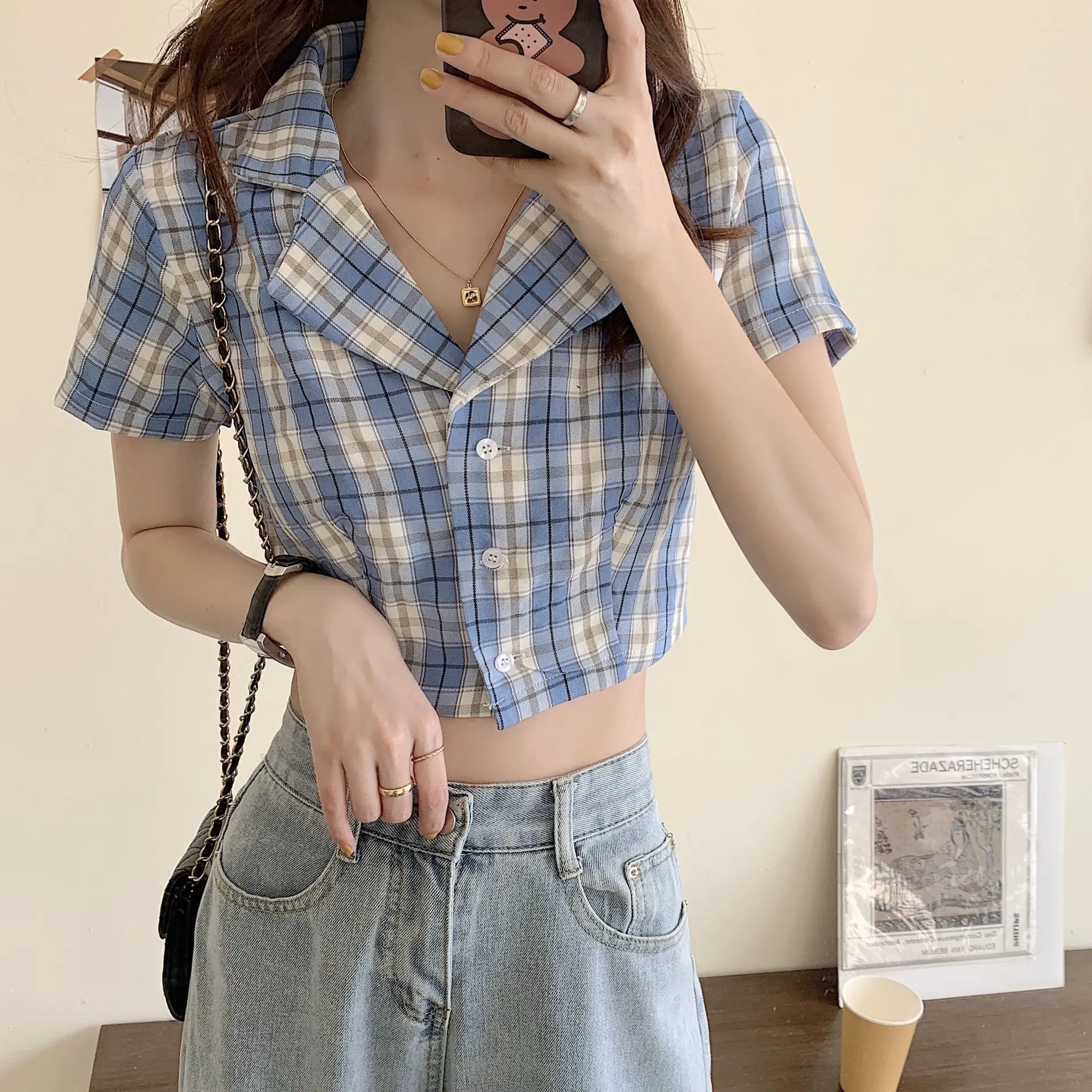 2024 estate nuova versione coreana super ragazza sexy camicia a quadri a maniche corte ombelico