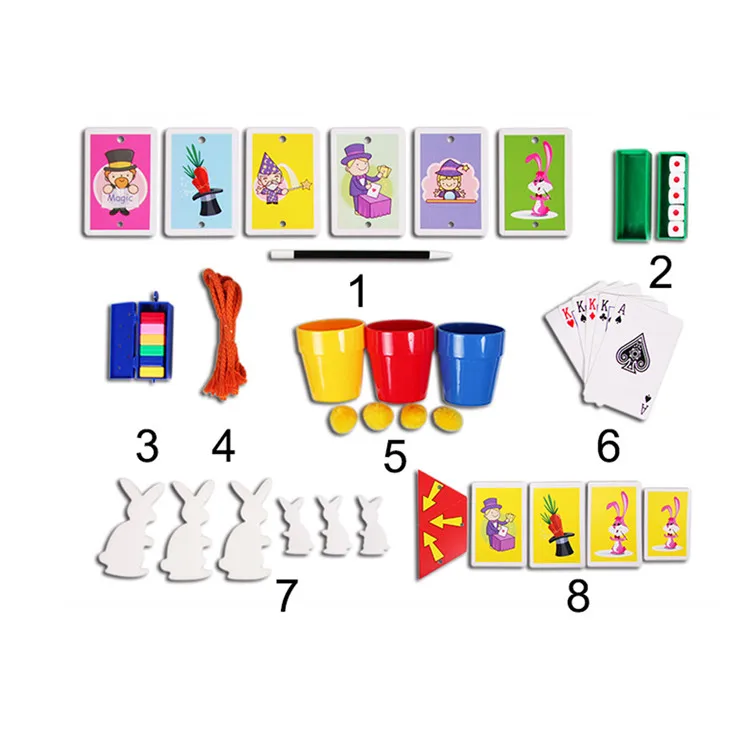 Good service magic products manufacturer from China 25 funny magic tricks 8 magic props set for kids