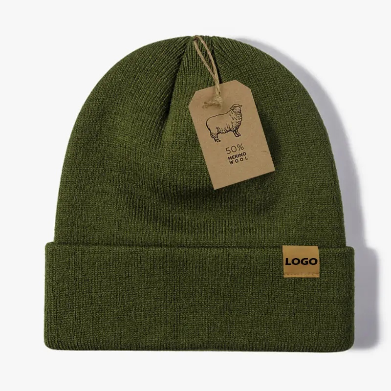 Homens mulheres alta qualidade malha gorros chapéus ski cap 50% gorros de lã merino com logotipo personalizado remendo de couro