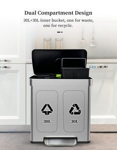 Pedal de pie 60L gran contenedor de clasificación separado doble compartimento cocina cubo de basura de reciclaje de acero inoxidable - Product Image 2
